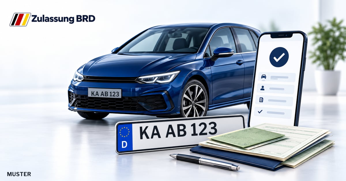 Online Fahrzeugzulassung in Waldbronn: Musterkennzeichen KA AB 123, Auto und Fahrzeugpapiere und Smartphone. Illustration mit Logo von Zulassung BRD.